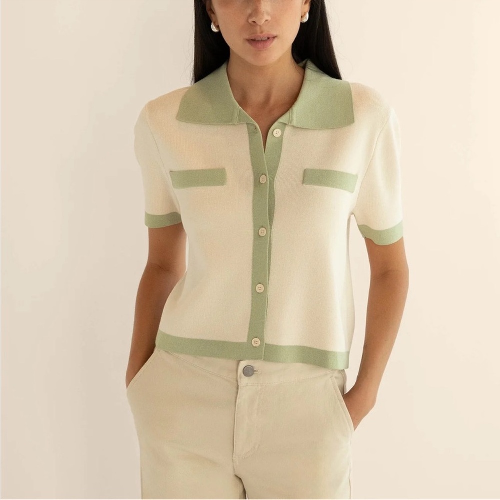 OAK + FORT Cream and Green Polo Top